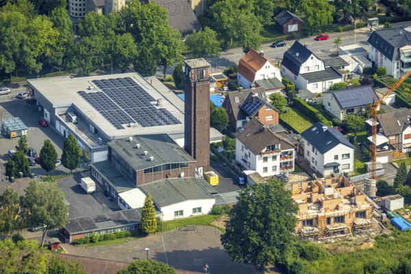 Aerial view, Lidl supermarket with solar roof, construction site new building Akazienweg, Werl, Soester Börde, North Rhine-Westphalia, Germany, DE, Europe, aerial view, aerial photography, aerial photography, tower, overview, bird's-eye view, overview