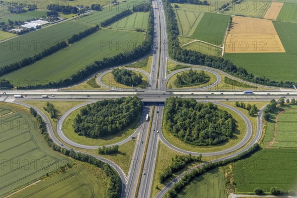 Aerial view, motorway junction Werl, A44 and A445, Werl, Soester Börde, North Rhine-Westphalia, Germany, motorway A44, motorway A445, motorway junction, DE, Europe, aerial view, aerial photography, aerial photography, overview, bird's-eye view, overview