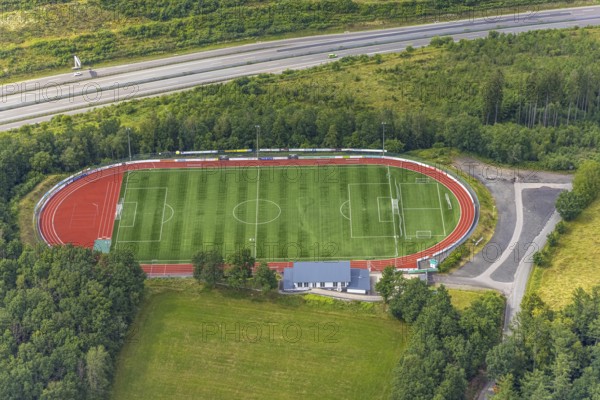 Aerial view, sports ground FSV Gerlingen e.V., Gerlingen, Wenden, Sauerland, North Rhine-Westphalia, Germany, DE, Europe, football pitch, football stadium, athletics stadium, aerial view, aerial photography, aerial photography, sports, sports facilities, sports ground, sports venue, overview, bird's-eye view, overview