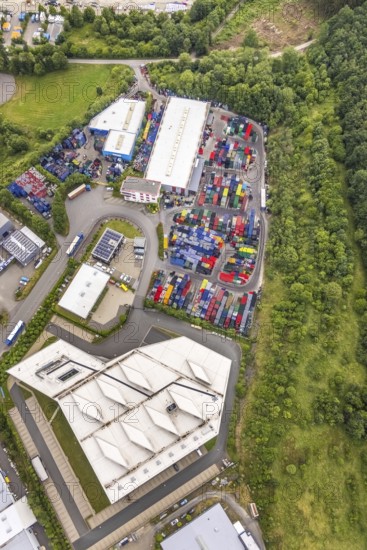 Aerial view, commercial area Hillmicker Straße, APS Wenden Drehmo GmbH, Gerhard Steinseifer Brauereibedarf, Zum Eichstruck, coloured beverage crates, Gerlingen, Wenden, Sauerland, North Rhine-Westphalia, Germany, DE, Europe, shapes and colours, commercial enterprises, commercial area, commercial park, commercial location, commercial use, industrial area, industrial building, industrial location, aerial photograph, aerial photography, aerial photography, overview, bird's eye view, birds-eyes view, overview