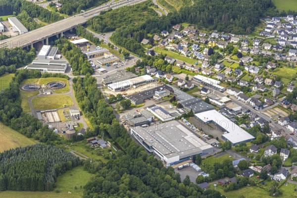 Aerial view, sewage treatment plant Wenden, industrial area Auf dem Ohl, Gerlingen, Wenden, Sauerland, North Rhine-Westphalia, Germany, motorway bridge, DE, Europe, commercial enterprises, commercial area, industrial park, commercial location, commercial use, industrial area, industrial building, industrial location, sewage treatment plant, aerial photograph, aerial photography, aerial photography, overview, bird's-eye view, bird's-eye view, overview