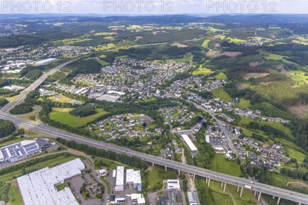 Aerial view, local view Gerlingen at motorway junction Olpe-Süd, A45 and A4, Wenden, Sauerland, North Rhine-Westphalia, Germany, motorway A4, motorway A45, motorway junction, bridge, DE, Europe, property tax, real estate, aerial view, aerial photography, aerial photography, overview, bird's-eye view, living and life, residential buildings, quality of living, birds-eyes view, overview