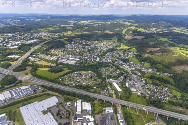 Aerial view, local view Gerlingen at motorway junction Olpe-Süd, A45 and A4, Wenden, Sauerland, North Rhine-Westphalia, Germany, motorway A4, motorway A45, motorway junction, bridge, DE, Europe, property tax, real estate, aerial view, aerial photography, aerial photography, overview, bird's-eye view, living and life, residential buildings, quality of living, birds-eyes view, overview