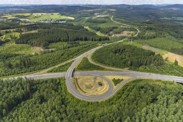 Aerial view, motorway A4, exit Krombach onto the B54, Elben, Schönau, Wenden, Sauerland, North Rhine-Westphalia, Germany, motorway exit, federal road B54, DE, Europe, aerial view, aerial photography, aerial photography, overview, bird's-eye view, overview, wladge