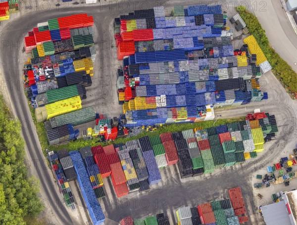 Aerial view, industrial estate Hillmicker Straße, Gerhard Steinseifer Brauereibedarf, Zum Eichstruck, coloured beverage crates, Gerlingen, Wenden, Sauerland, North Rhine-Westphalia, Germany, DE, Europe, shapes and colours, aerial view, aerial photography, aerial photography, overview, bird's eye view, birds-eyes view, overview