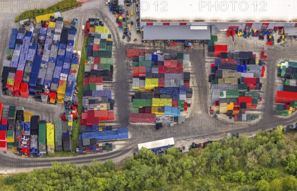 Aerial view, commercial area Hillmicker Straße, Gerhard Steinseifer Brauereibedarf, Zum Eichstruck, coloured beverage crates, Gerlingen, Wenden, Sauerland, North Rhine-Westphalia, Germany, DE, Europe, shapes and colours, commercial enterprises, commercial area, commercial park, commercial location, commercial use, industrial area, industrial location, aerial view, aerial photography, aerial photography, overview, bird's eye view, birds-eyes view, overview