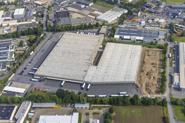 Aerial photo, Aldi logistics centre central warehouse Werl, Werl, Soester Börde, North Rhine-Westphalia, Germany, DE, Europe, freight transport, logistics, logistics service, logistics service provider, logistics provider, logistics centre, aerial photo, aerial photography, aerial photography, transport service, overview, bird's-eye view, overview