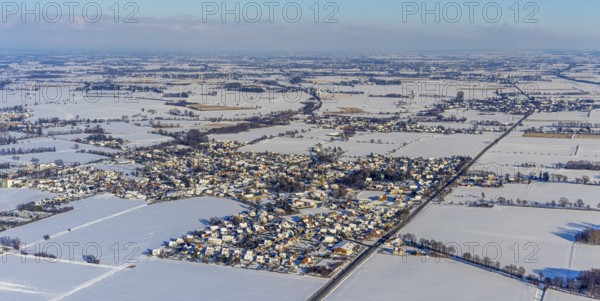 Aerial view, overview Westönnen, Westönner Bundesstraße - formerly Bundesstraße B1 downgraded to country road, winter, snow, Westönnen, Werl, Soester Börde, North Rhine-Westphalia, Germany, Soester, Börde, DE, Europe, birds-eyes, view, aerial view, aerial photography, aerial photography, overview, bird's eye view, Westönner, Bundesstraße