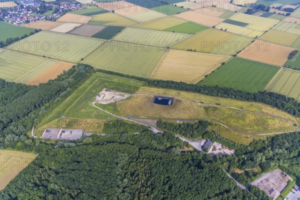 Aerial view, landfill Werl, Scheidingen, Welver, Soester Börde, North Rhine-Westphalia, Germany, camping site, DE, Europe, aerial view, aerial photography, aerial photography, landfill, overview, bird's eye view, meadows and fields, birds-eyes view, overview