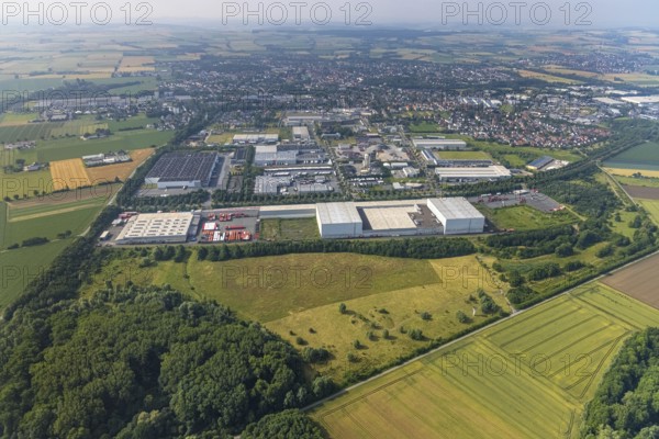 Aerial view, commercial area KonWerl Langenwiedenweg Scheidinger Straße, Werl, Soester Börde, North Rhine-Westphalia, Germany, DE, Europe, commercial enterprises, commercial area, commercial park, commercial location, commercial use, industrial area, industrial building, industrial location, aerial photograph, aerial photography, aerial photography, overview, bird's-eye view, bird's-eye view, overview