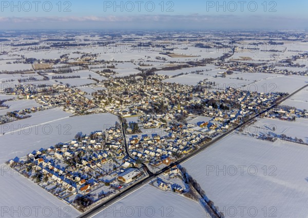 Aerial view, overview Westönnen, Westönner Bundesstraße - formerly Bundesstraße B1 downgraded to country road, winter, snow, Westönnen, Werl, Soester Börde, North Rhine-Westphalia, Germany, Soester, Börde, DE, Europe, birds-eyes, view, aerial view, aerial photography, aerial photography, overview, bird's eye view, Westönner, Bundesstraße