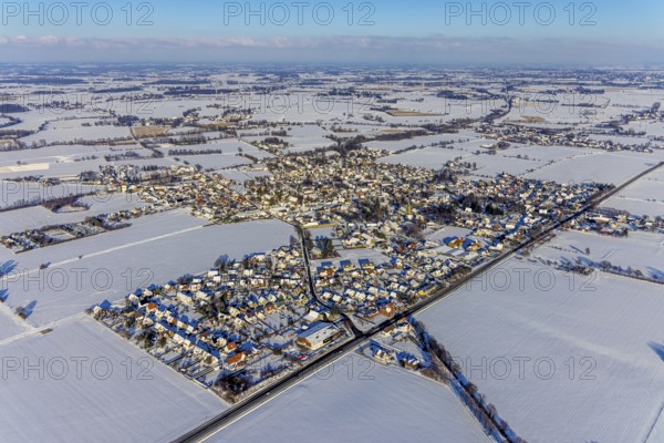 Aerial view, overview Westönnen, Westönner Bundesstraße - formerly Bundesstraße B1 downgraded to country road, winter, snow, Westönnen, Werl, Soester Börde, North Rhine-Westphalia, Germany, Soester, Börde, DE, Europe, birds-eyes, view, aerial view, aerial photography, aerial photography, overview, bird's eye view, Westönner, Bundesstraße