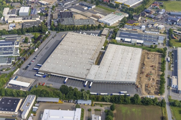 Aerial photo, Aldi logistics centre central warehouse Werl, Werl, Soester Börde, North Rhine-Westphalia, Germany, DE, Europe, freight transport, logistics, logistics service, logistics service provider, logistics provider, logistics centre, aerial photo, aerial photography, aerial photography, transport service, overview, bird's-eye view, overview