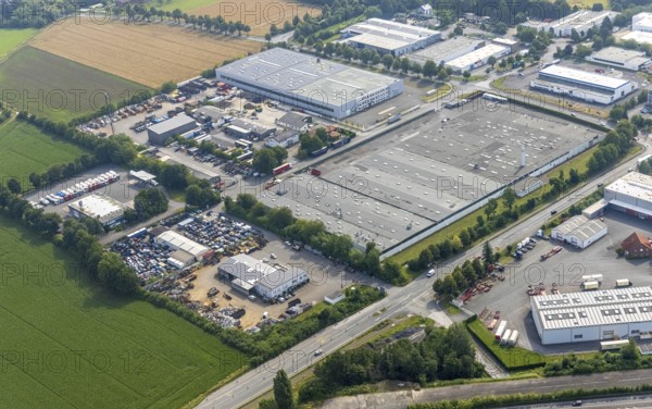 Aerial view, industrial estate Hammer Straße, Brelo Rohstoff Recycling, Kettler Werk Sönnern 1, Gebhardt-Stahl GmbH Werk 3, Budberg, Werl, Soester Börde, North Rhine-Westphalia, Germany, DE, Europe, commercial enterprises, commercial area, commercial park, commercial site, commercial use, industrial area, industrial building, industrial site, aerial view, aerial photography, aerial photography, scrap yard, overview, bird's eye view, birds-eyes view, overview