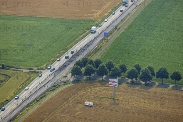 Aerial view, construction site and road works Hammer Landstraße and junction Iwering, Budberg, Werl, Soester Börde, North Rhine-Westphalia, Germany, tree avenue, tree row, tree row at the roadside, federal road B63, DE, Europe, aerial view, aerial photography, aerial photography, overview, bird's-eye view, overview