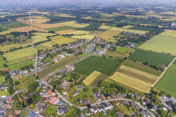 Aerial view, meadows and fields with view of Hilbeck, Werl, Soester Börde, North Rhine-Westphalia, Germany, DE, Europe, aerial view, aerial photography, aerial photography, overview, bird's-eye view, overview
