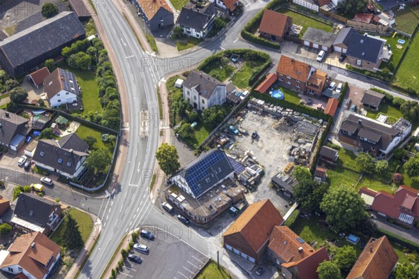 Aerial photo, renovation Lindenschänke eco Hotel with solar roof, Hilbeck, Werl, Soester Börde, North Rhine-Westphalia, Germany, construction project, construction site, DE, Europe, inn, gastronomy, hotel, aerial photo, aerial photography, aerial photography, renovation, refurbishment, overview, bird's-eye view, overview