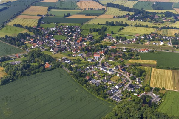 Aerial view, meadows and fields with view of Hilbeck, Werl, Soester Börde, North Rhine-Westphalia, Germany, DE, Europe, aerial view, aerial photography, aerial photography, overview, bird's-eye view, meadows and fields, birds-eyes view, overview