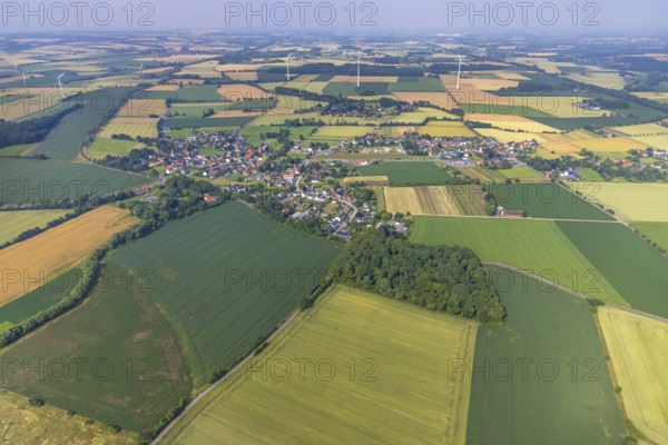 Aerial view, wind power plant in meadows and fields, local view Hilbeck, Werl, Soester Börde, North Rhine-Westphalia, Germany, DE, Europe, aerial view, aerial photography, aerial photography, overview, bird's-eye view, WTG, meadows and fields, wind energy, wind energy plant, wind power, wind turbine, wind turbines, birds-eyes view, overview