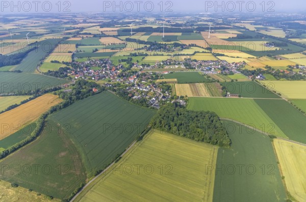 Aerial view, wind power plant in meadows and fields, local view Hilbeck, Werl, Soester Börde, North Rhine-Westphalia, Germany, DE, Europe, aerial view, aerial photography, aerial photography, overview, bird's-eye view, WTG, meadows and fields, wind energy, wind energy plant, wind power, wind turbine, wind turbines, birds-eyes view, overview