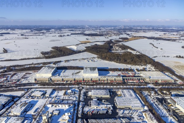 Aerial view, industrial estate KonWerl, ATU warehouse, sewage treatment plant Werl, waste management Soest, winter, snow, Werl, Soester Börde, North Rhine-Westphalia, Germany, Soester, Börde, DE, Europe, birds-eyes, view, aerial photograph, aerial photography, aerial photography, overview, overview, bird's eye view, KonWerl, waste management, industry, trade, economy, commercial enterprise, production, trade, water treatment, drinking water extraction, water purification, waste water