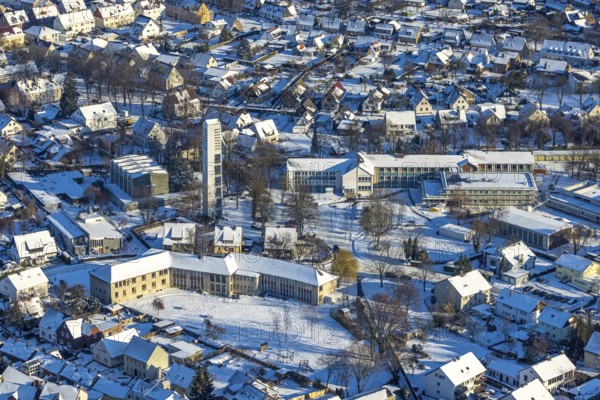 Aerial view, Walburgisschule, Paul-Gerhardt-Schule, Evangelische Paulus-Kirche, Evangelische Kirchengemeinde Werl, Paul-Gerhardt-Straße, winter, snow, Werl, Soester Börde, North Rhine-Westphalia, Germany, Soester, Börde, DE, Europe, birds-eyes, view, aerial view, aerial photography, aerial photography, overview, overview, bird's eye view, Walburgischule, education, pupils, college, education, school year, homework, class, year, education, pedagogy, house of God, religion, faith, worship, mass