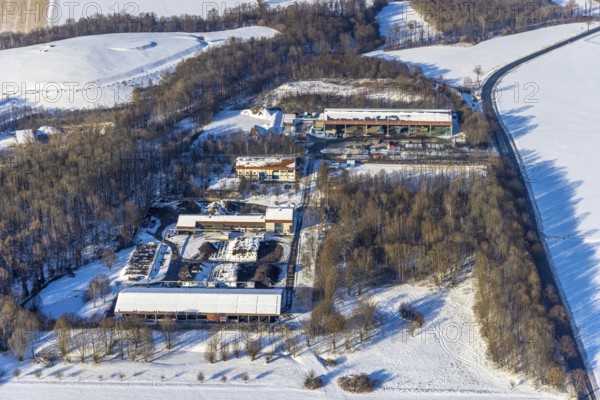Aerial view, waste management Soest, sewage treatment plant Werl, winter, snow, Werl, Soester Börde, North Rhine-Westphalia, Germany, Soester, Börde, DE, Europe, birds-eyes, view, aerial photography, aerial photography, aerial photography, overview, overview, bird's eye view, waste management, water treatment, drinking water production, water purification, waste water