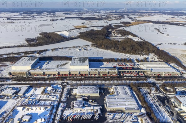 Aerial view, industrial estate KonWerl, ATU warehouse, sewage treatment plant Werl, waste management Soest, winter, snow, Werl, Soester Börde, North Rhine-Westphalia, Germany, Soester, Börde, DE, Europe, birds-eyes, view, aerial photograph, aerial photography, aerial photography, overview, overview, bird's eye view, KonWerl, waste management, industry, trade, economy, commercial enterprise, production, trade, water treatment, drinking water extraction, water purification, waste water