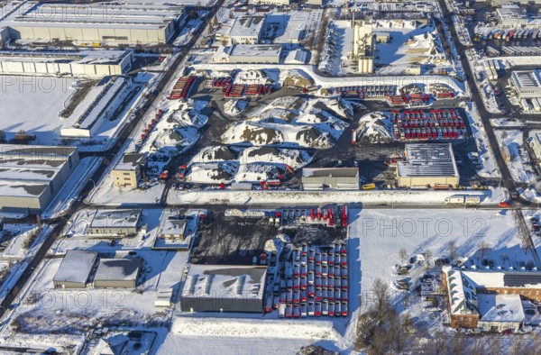 Aerial view, industrial estate KonWerl, winter, snow, Mimberg Spedition-Baustoffe GmbH & Co. KG, red lorry with loading area, Werl, Soester Börde, North Rhine-Westphalia, Germany, Soester, Börde, DE, Europe, birds-eyes, view, aerial view, aerial photography, aerial photography, overview, overview, bird's eye view, KonWerl, industry, trade, economy, commercial enterprise, production, trade