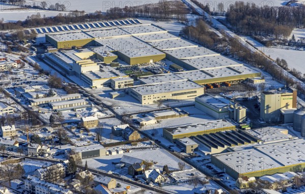 Aerial view, industrial area KonWerl, winter, snow, Werl, Soester Börde, North Rhine-Westphalia, Germany, Soester, Börde, DE, Europe, birds-eyes, view, aerial photography, aerial photography, overview, overview, bird's eye view, KonWerl, industry, trade, economy, commercial enterprise, production, trade