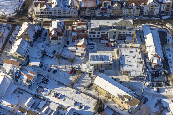 Aerial view, construction site new building at the police station, Caritas social station, winter, snow, Werl, Soester Börde, North Rhine-Westphalia, Germany, Soester, Börde, DE, Europe, birds-eyes, view, aerial photography, aerial photography, aerial photography, overview, overview, bird's eye view, Caritas centre, police, law enforcement officer