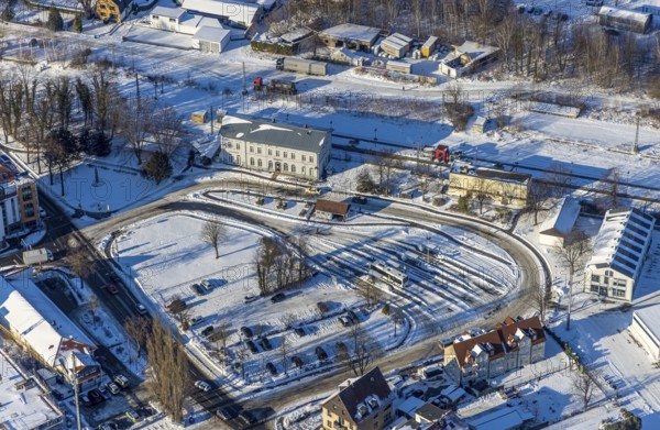Aerial view, railway station, railway tracks, bus station, winter, snow, Werl, Soester Börde, North Rhine-Westphalia, Germany, Soester, Börde, DE, Europe, birds-eyes, view, aerial view, aerial photography, aerial photography, overview, overview, bird's eye view, train traffic, railway traffic, transport connection, travel, holiday, railway line, railway network, infrastructure, transport, freight traffic, railway network