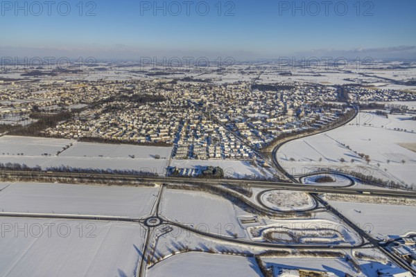 Aerial view, overview Werl, motorway junction AS59 Werl-Zentrum at the motorway A445, parking Werl-Büderich, winter, snow, Werl, Soester Börde, North Rhine-Westphalia, Germany, Soester, Börde, DE, Europe, birds-eyes, view, aerial view, aerial photography, aerial photography, overview, overview, bird's eye view, A445, junction, AS59, transport, traffic, infrastructure, logistics, road traffic