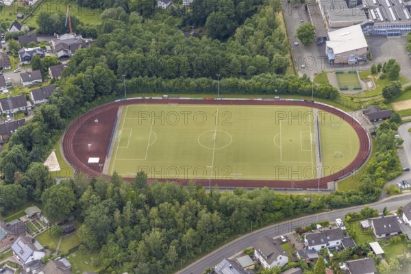 Aerial view, sports field at the comprehensive school Wenden, Möllmicke, Wenden, Sauerland, North Rhine-Westphalia, Germany, DE, Europe, football field, football stadium, athletics stadium, aerial view, aerial photography, aerial photography, sports facilities, sports field, sports facility, overview, bird's-eye view, overview