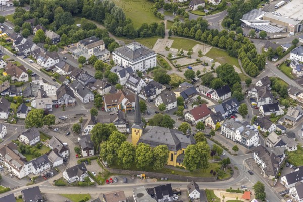Aerial view, catholic church St. Severin and Rahaus, Wenden, Sauerland, North Rhine-Westphalia, Germany, place of worship, authority, DE, Europe, religious community, place of worship, holy place, church, parish, denomination, aerial view, aerial photography, aerial photography, town hall, religion, religious site, overview, bird's-eye view, birds-eyes view, overview