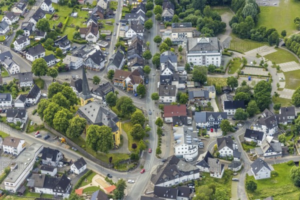 Aerial view, catholic church St. Severin and Rahaus, Wenden, Sauerland, North Rhine-Westphalia, Germany, place of worship, authority, DE, Europe, religious community, place of worship, holy place, church, parish, denomination, aerial view, aerial photography, aerial photography, town hall, religion, religious site, overview, bird's-eye view, birds-eyes view, overview