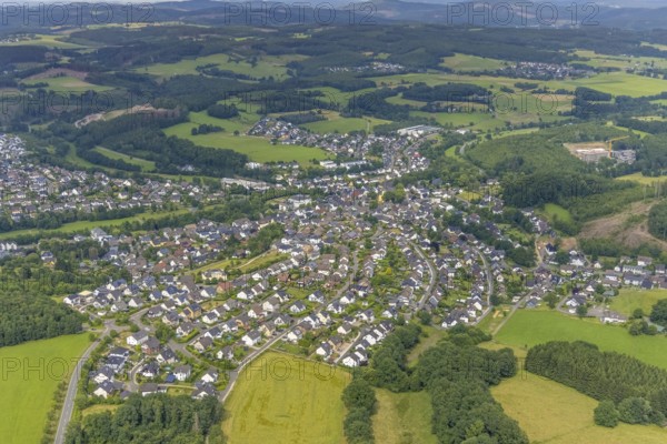 Aerial view, construction site St. Josefsheim, local view Wenden, Sauerland, North Rhine-Westphalia, Germany, DE, Europe, distant view, property tax, real estate, aerial view, aerial photography, aerial photography, overview, bird's eye view, Wenden, living and living, residential area, residential buildings, quality of life, birds-eyes view, overview