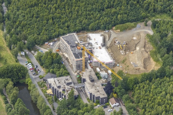 Aerial view, construction site St. Josefsheim, new construction Caritas Centre Wenden, Wenden, Sauerland, North Rhine-Westphalia, Germany, retirement home, old people's home, construction work, construction area, building site, building plots, construction project, construction site, care and nursing, DE, Europe, aerial view, aerial photography, aerial photography, new construction, nursing facility, retirement home, retirement home, retirement home, senior citizens' centre, overview, bird's eye view, bird's eye view, overview