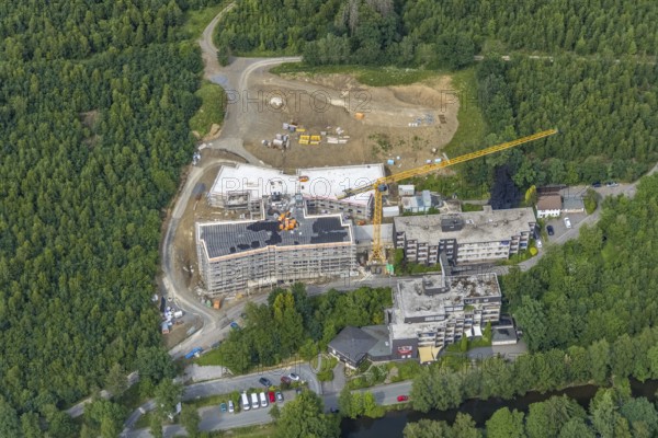 Aerial view, construction site St. Josefsheim, new construction Caritas Centre Wenden, Wenden, Sauerland, North Rhine-Westphalia, Germany, retirement home, old people's home, construction work, construction area, building site, building plots, construction project, construction site, care and nursing, DE, Europe, aerial view, aerial photography, aerial photography, new construction, nursing facility, retirement home, retirement home, retirement home, senior citizens' centre, overview, bird's eye view, bird's eye view, overview