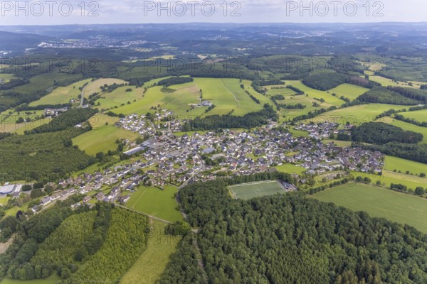 Aerial view, local view with sports field Am Winterhagen in Altenhof, Wenden, Sauerland, North Rhine-Westphalia, Germany, DE, Europe, football pitch, property tax, hilly landscape, real estate, aerial view, aerial photography, aerial photography, sports facilities, sports field, sports facility, overview, bird's-eye view, wooded area, living and living, residential area, residential buildings, quality of life, birds-eyes view, overview