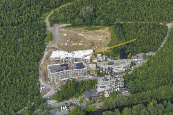Aerial view, construction site St. Josefsheim, new construction Caritas Centre Wenden, Wenden, Sauerland, North Rhine-Westphalia, Germany, retirement home, old people's home, construction work, construction area, building site, building plots, construction project, construction site, care and nursing, DE, Europe, aerial view, aerial photography, aerial photography, new construction, nursing facility, retirement home, retirement home, retirement home, senior citizens' centre, overview, bird's eye view, bird's eye view, overview