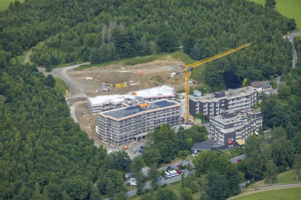 Aerial view, construction site St. Josefsheim, new construction Caritas Centre Wenden, Wenden, Sauerland, North Rhine-Westphalia, Germany, retirement home, old people's home, construction work, construction area, building site, building plots, construction project, construction site, care and nursing, DE, Europe, aerial view, aerial photography, aerial photography, new construction, nursing facility, retirement home, retirement home, retirement home, senior citizens' centre, overview, bird's eye view, bird's eye view, overview