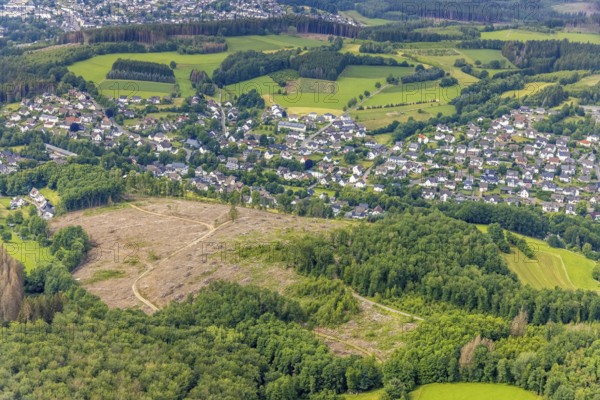 Aerial view, forest area with forest damage in Möllmicke, Wenden, Sauerland, North Rhine-Westphalia, Germany, tree dieback, bark beetle damage, bark beetle plague, DE, Europe, clear-cutting, aerial photography, aerial photography, aerial photography, overview, bird's-eye view, forest, forest damage, forest dieback, birds-eyes view, overview