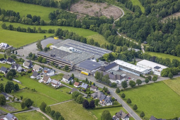 Aerial view, company premises Berker GmbH, Ottfingen, Wenden, Sauerland, North Rhine-Westphalia, Germany, DE, Europe, commercial enterprises, commercial area, commercial area, commercial location, commercial use, industrial area, industrial building, industrial location, aerial photograph, aerial photography, aerial photography, overview, bird's-eye view, overview