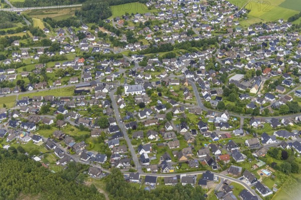 Aerial view, catholic church St.Hubertus, local view Ottfingen, Wenden, Sauerland, North Rhine-Westphalia, Germany, place of worship, DE, Europe, religious community, place of worship, holy place, church, parish, denomination, aerial view, aerial photography, aerial photography, religion, religious site, overview, bird's-eye view, overview