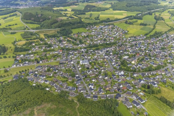 Aerial view, catholic church St.Hubertus, local view Ottfingen, Wenden, Sauerland, North Rhine-Westphalia, Germany, place of worship, DE, Europe, religious community, place of worship, holy place, church, parish, denomination, aerial view, aerial photography, aerial photography, religion, religious site, overview, bird's-eye view, overview