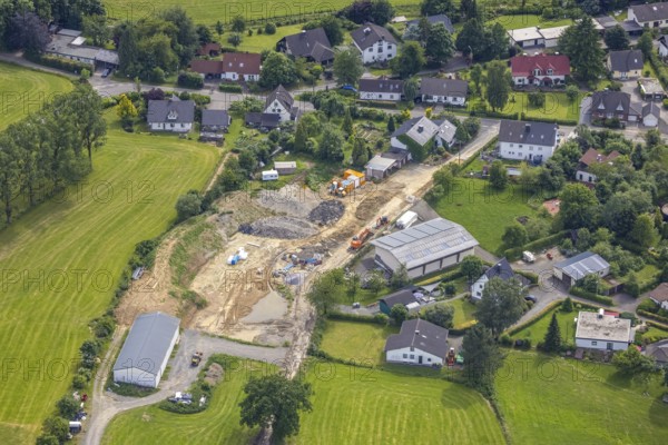 Aerial view, construction site in Römershagen, Wenden, Sauerland, North Rhine-Westphalia, Germany, construction work, construction area, construction site, building plot, construction project, construction site, DE, Europe, aerial view, aerial photography, aerial photography, overview, bird's-eye view, overview