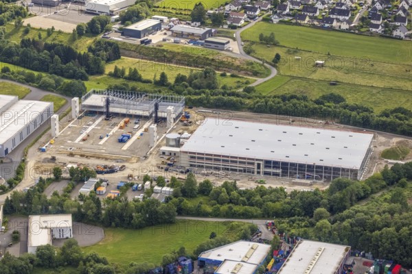 Aerial photo, industrial estate Gerlingen, construction site Eisenstraße, Hillmicke, Wenden, Sauerland, North Rhine-Westphalia, Germany, construction work, construction area, construction site, building plots, construction project, construction site, DE, Europe, commercial enterprises, commercial area, industrial estate, industrial park, commercial site, commercial use, industrial area, industrial building, industrial site, aerial view, aerial photography, aerial photography, photovoltaic, photovoltaic plant, solar, solar plant, solar roof, solar energy, solar energy, overview, bird's-eye view, overview