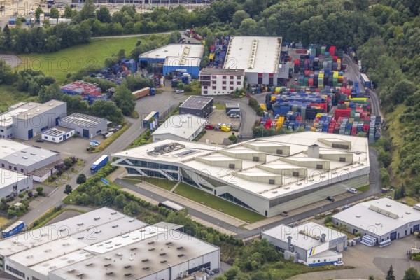 Aerial view, commercial area Hillmicker Straße, APS Wenden Drehmo GmbH, Gerhard Steinseifer Brauereibedarf, Zum Eichstruck, coloured beverage crates, Gerlingen, Wenden, Sauerland, North Rhine-Westphalia, Germany, DE, Europe, shapes and colours, commercial enterprises, commercial area, commercial park, commercial location, commercial use, industrial area, industrial building, industrial location, aerial photograph, aerial photography, aerial photography, overview, bird's eye view, birds-eyes view, overview