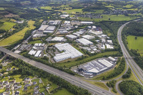 Aerial view, commercial area Hillmicker Straße, Sunflex Aluminiumsysteme, Gerlingen, Hillmicke, Wenden, Sauerland, North Rhine-Westphalia, Germany, DE, Europe, commercial enterprises, commercial area, commercial park, commercial location, commercial use, industrial area, industrial building, industrial location, aerial photograph, aerial photography, aerial photography, photovoltaics, photovoltaic system, solar, solar system, solar roof, solar energy, solar energy, overview, bird's-eye view, birds-eyes view, overview